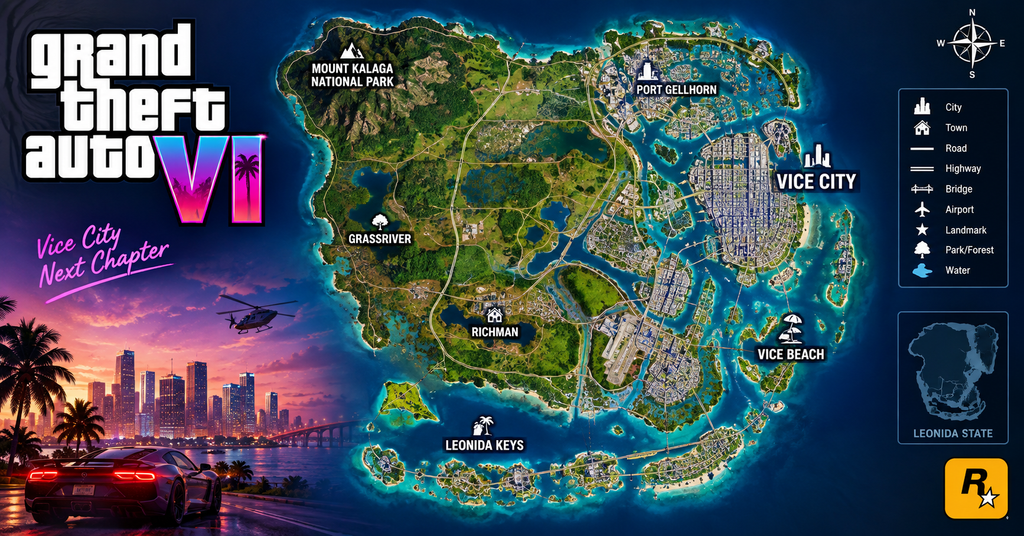 GTA 6 map showing Vice City and the wider Leonida setting with coastal and rural regions