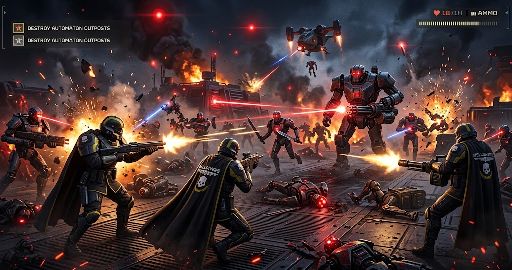 Automatons Helldivers 2 Enemies Weak Points and Combat Tips Automatons Helldivers 2 enemies advancing across a battlefield as Helldivers prepare weapons and defensive tactics.