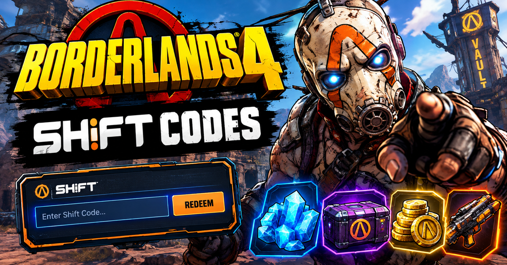 Shift codes Borderlands 4 guide showing a Vault Hunter near a Golden Chest filled with valuable loot.