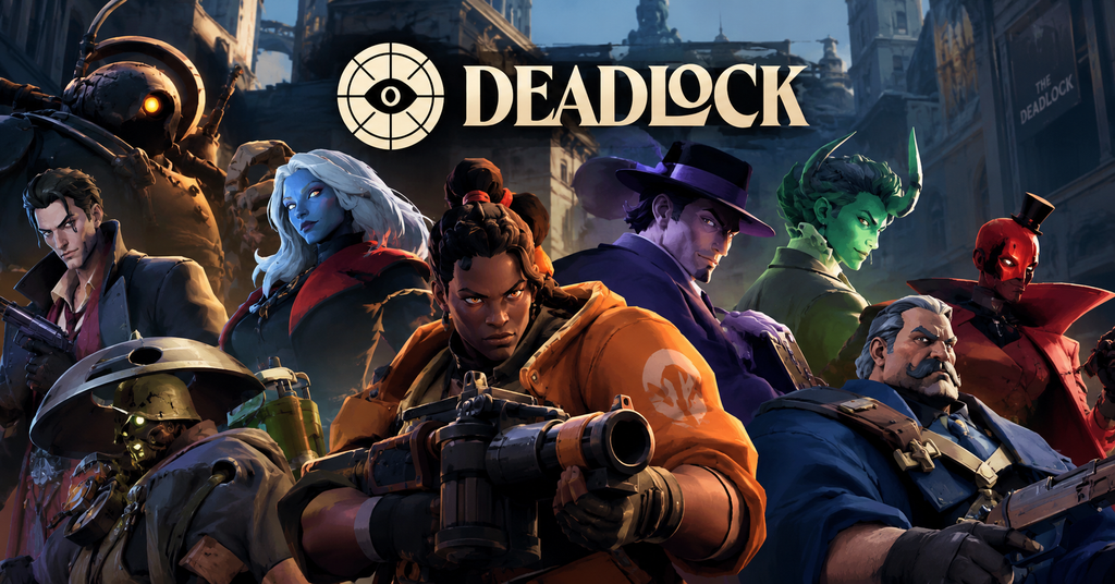 Deadlock characters displayed in a hero selection scene, showing different designs and combat styles from Valve's game.