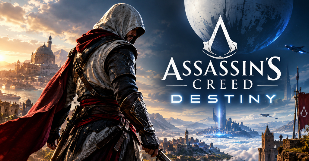 Assassin's Creed Destiny concept artwork showing a hooded assassin overlooking a dramatic historical city.