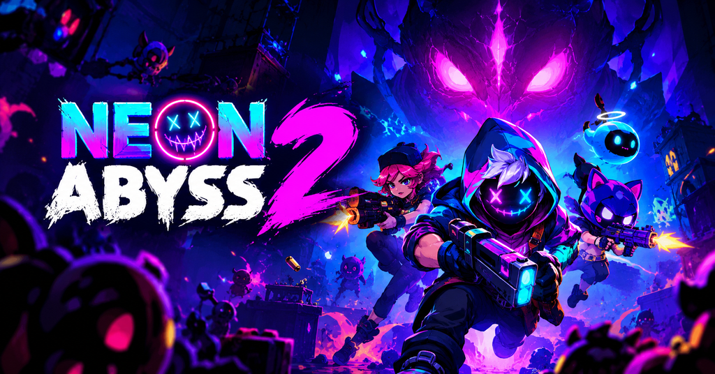 Neon Abyss 2 gameplay featuring neon-lit environments, colorful enemies, and fast-paced roguelike combat.