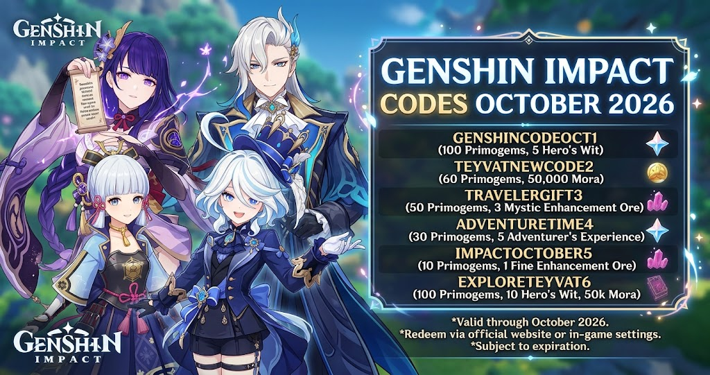 Genshin Impact Codes October 2026 Free Primogems and Rewards Genshin Impact codes October 2026 guide showing the Traveler, Paimon, and rewards in a fantasy game scene.