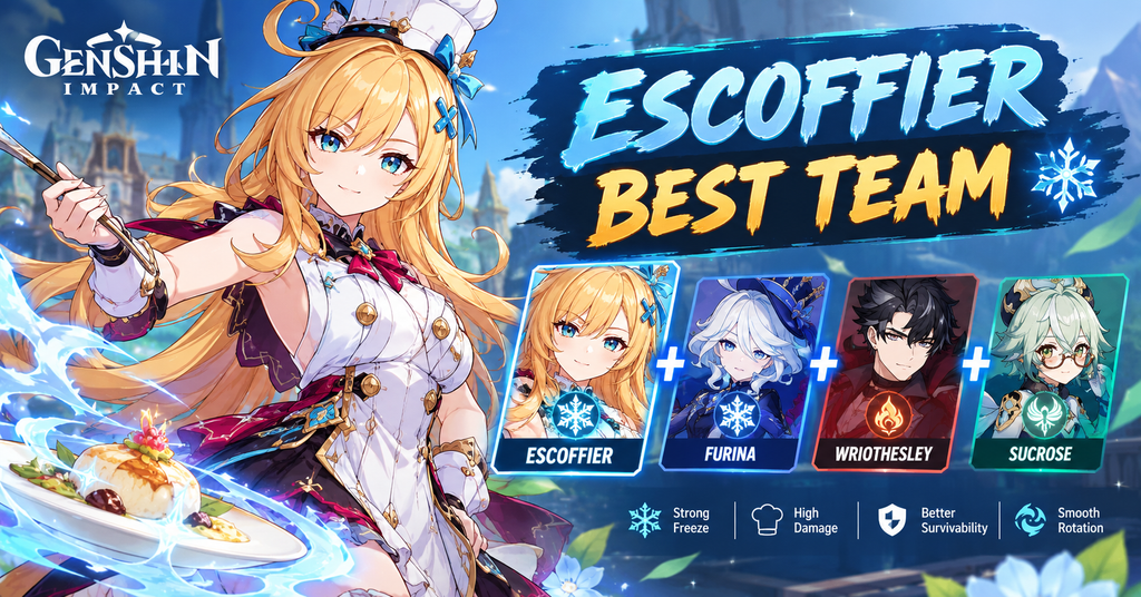 Genshin Impact Escoffier best team featuring Skirk, Furina, and Shenhe in a Cryo and Hydro lineup.