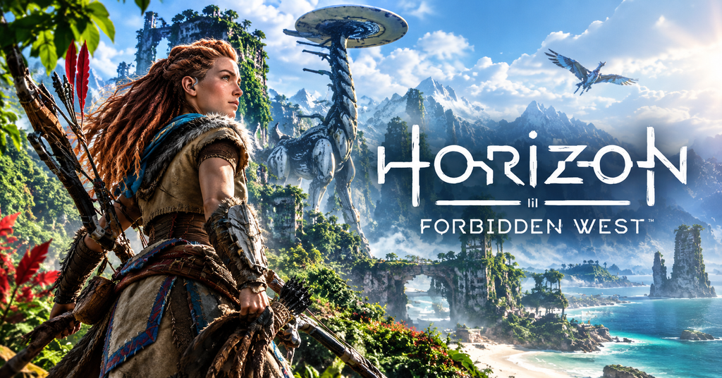 Horizon Forbidden West Explore Aloy’s Dangerous New World Horizon Forbidden West gameplay showing Aloy aiming her bow at a giant mechanical creature in a lush wilderness.