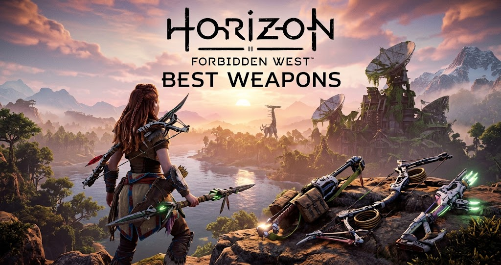 Horizon Forbidden West Best Weapons What to Use and Why Horizon Forbidden West best weapons guide featuring Aloy preparing a precision bow for a battle against a large machine.