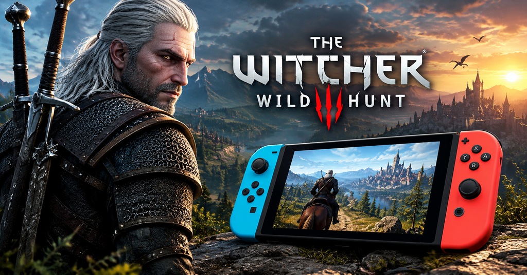 The Witcher 3 Switch gameplay showing Geralt exploring a detailed fantasy landscape filled with forests and medieval villages.