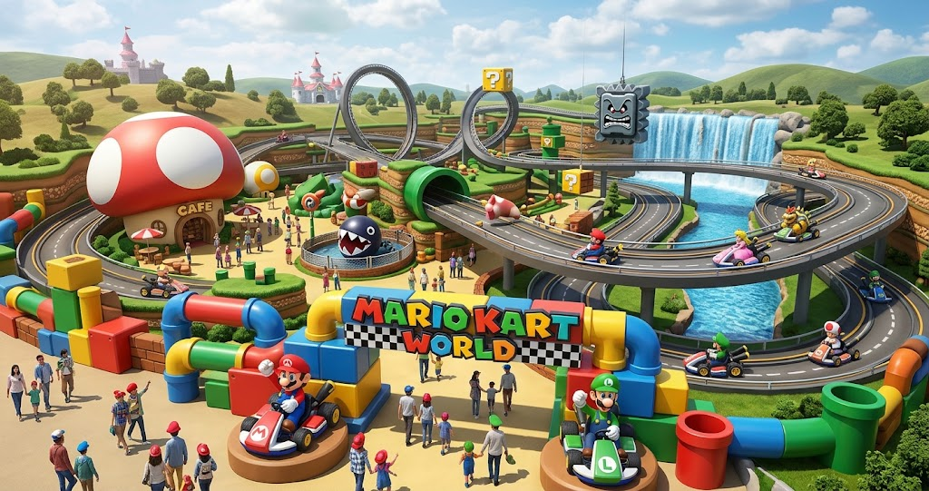 Mario Kart World Gameplay Tracks Characters and Racing Tips Mario Kart World gameplay showing colorful kart racers speeding through a scenic course with varied terrain.