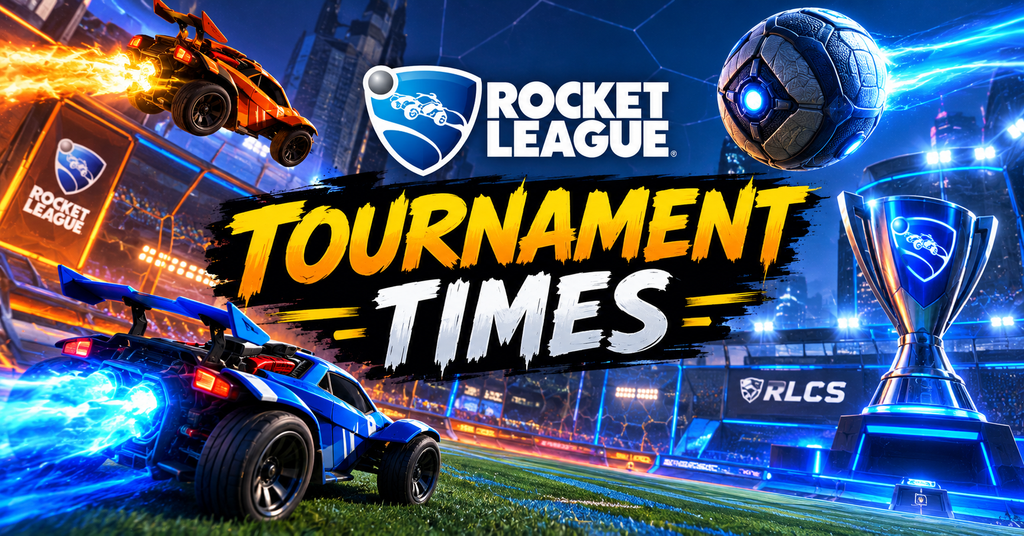 Rocket League tournament times displayed alongside a competitive arena, team cars, and a tournament countdown screen.