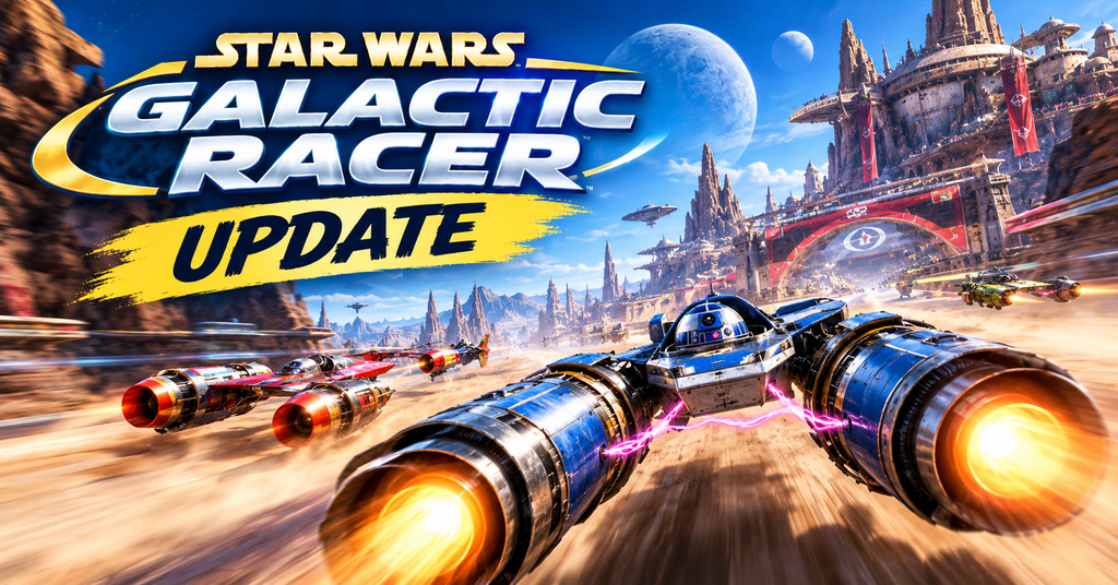 Star Wars Galactic Racer Update Latest Patch and Changes Star Wars Galactic Racer update showing high-speed repulsorcraft racing across a futuristic alien track.