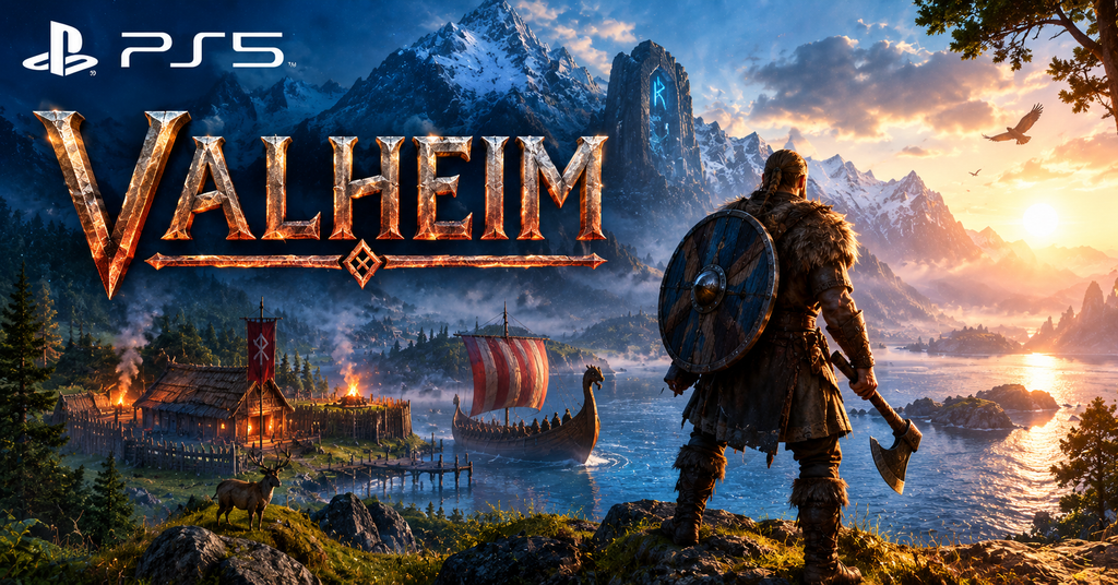 Valheim PS5 gameplay showing a Viking warrior exploring a fantasy landscape filled with forests and rugged terrain.
