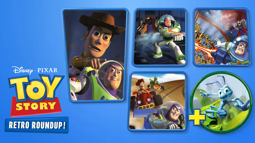 Toy Story: Retro Roundup features Woody, Buzz Lightyear, and classic Pixar game adventures in a nostalgic collection.