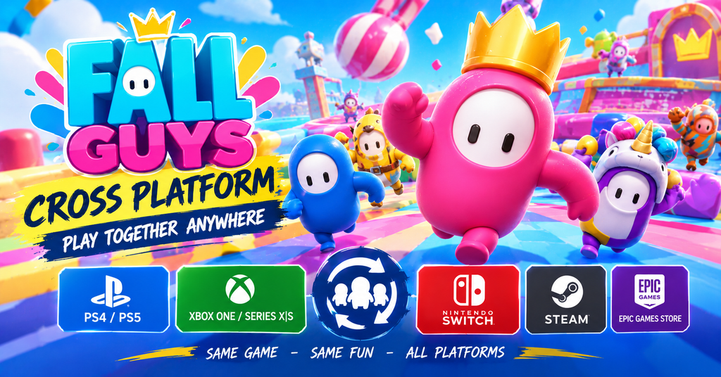 Fall Guys cross platform gameplay showing colorful bean characters racing across a bright obstacle course together.