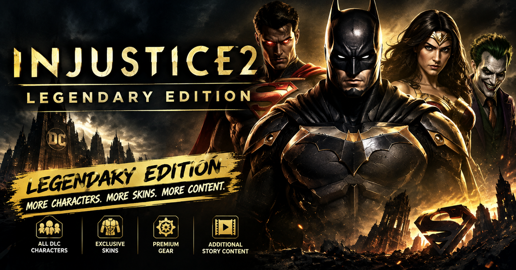 Injustice 2 Legendary Edition featuring DC superheroes and guest fighters ready for a dramatic fighting game battle.