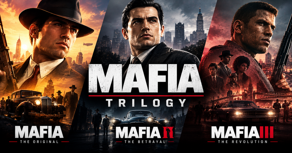 Mafia Trilogy showcases its crime drama through period characters, vintage vehicles, and atmospheric American city streets.