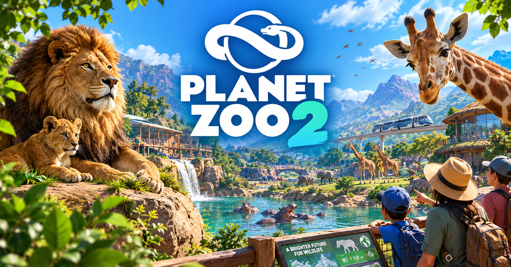 Planet Zoo 2 gameplay featuring realistic animal habitats, detailed scenery, and a beautifully designed modern zoo.