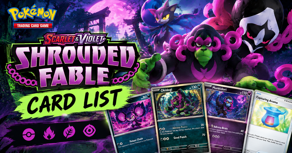 Shrouded Fable Card List All 99 Cards and Rarities Shrouded Fable card list featuring Pokémon TCG cards, collector numbers, rarity symbols, and illustrated card designs