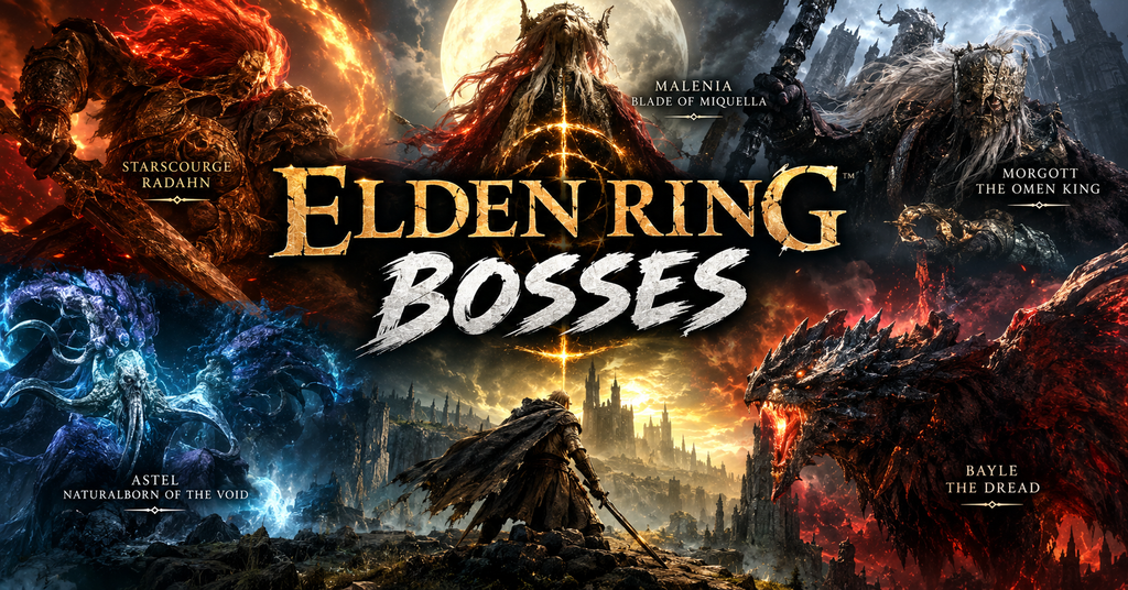 Elden Ring Bosses Locations Order and Fight Tips Elden Ring bosses guide showing a dramatic battlefield in the Lands Between with a towering enemy ahead.
