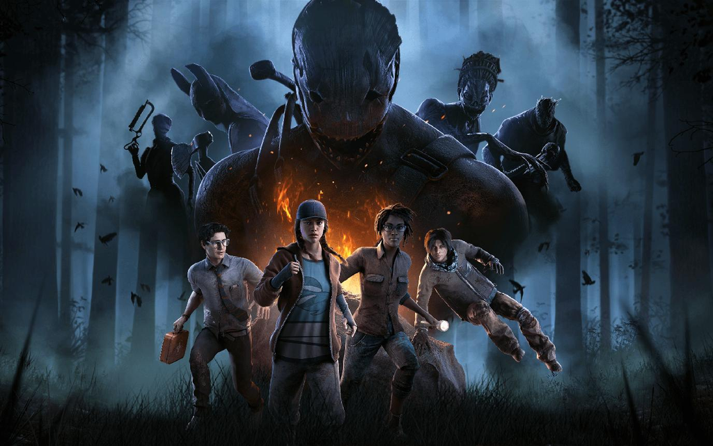 Dead by Daylight stats showing survivors facing a killer in a foggy forest during a tense match.