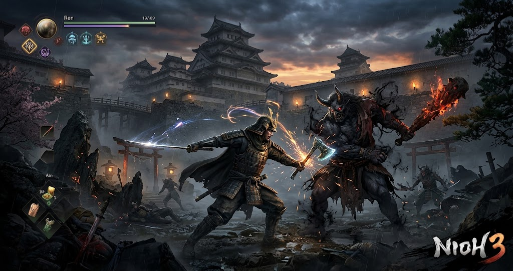 Nioh 3 Gameplay Samurai and Ninja Combat Guide Nioh 3 showing a samurai warrior facing supernatural yokai in a dark, atmospheric Japanese fantasy setting.