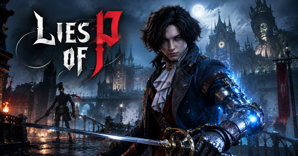 Lies of P gameplay showing Pinocchio facing a dangerous mechanical enemy in the dark streets of Krat.