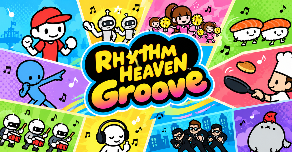 Rhythm Heaven Groove gameplay featuring colorful characters, playful animations, and music-based timing challenges on Nintendo Switch.