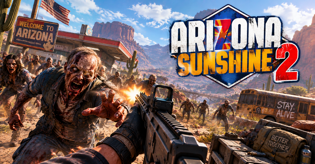 Arizona Sunshine 2 gameplay showing a VR survivor facing zombies in a sunlit post-apocalyptic desert environment.