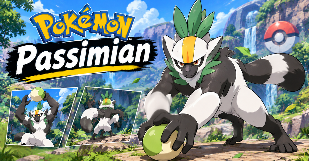 Passimian Pokémon standing in a battle-ready pose, showcasing its Fighting type and distinctive teamwork-inspired design.