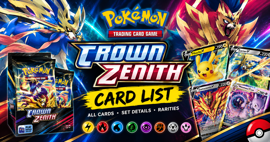 Crown Zenith card list featuring Pokémon trading cards from the Sword and Shield expansion and special artwork.