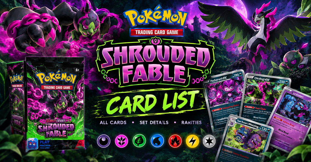 Shrouded Fable card list featuring Pecharunt ex and Pokémon cards from the Scarlet and Violet expansion.