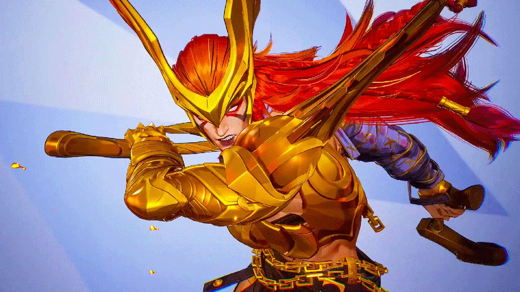 Angela Marvel Rivals character wielding her spear with her wings spread during a dramatic battlefield encounter.